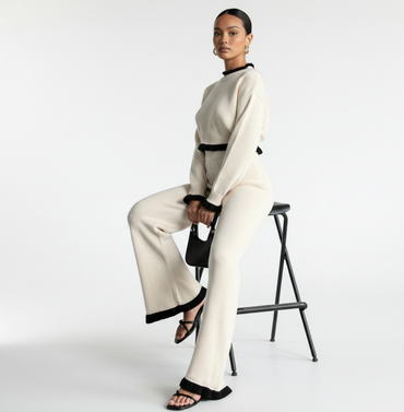 Compleu Shiraz-Set tricotat negru-cu pantaloni largi și detalii croșetate - MEQUEEN