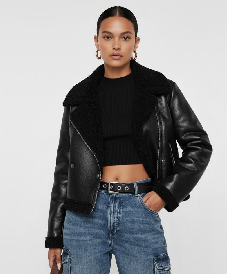 Geaca Rayana-Geacă de piele guler cu blana