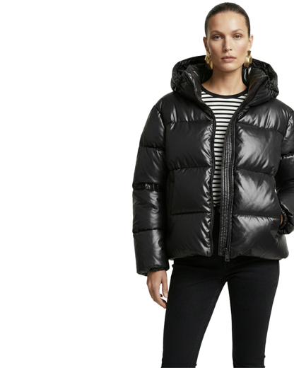 Geacă scurtă, tip Puffer (matlasată), croială oversize (voluminoasă), cu glugă fixă.