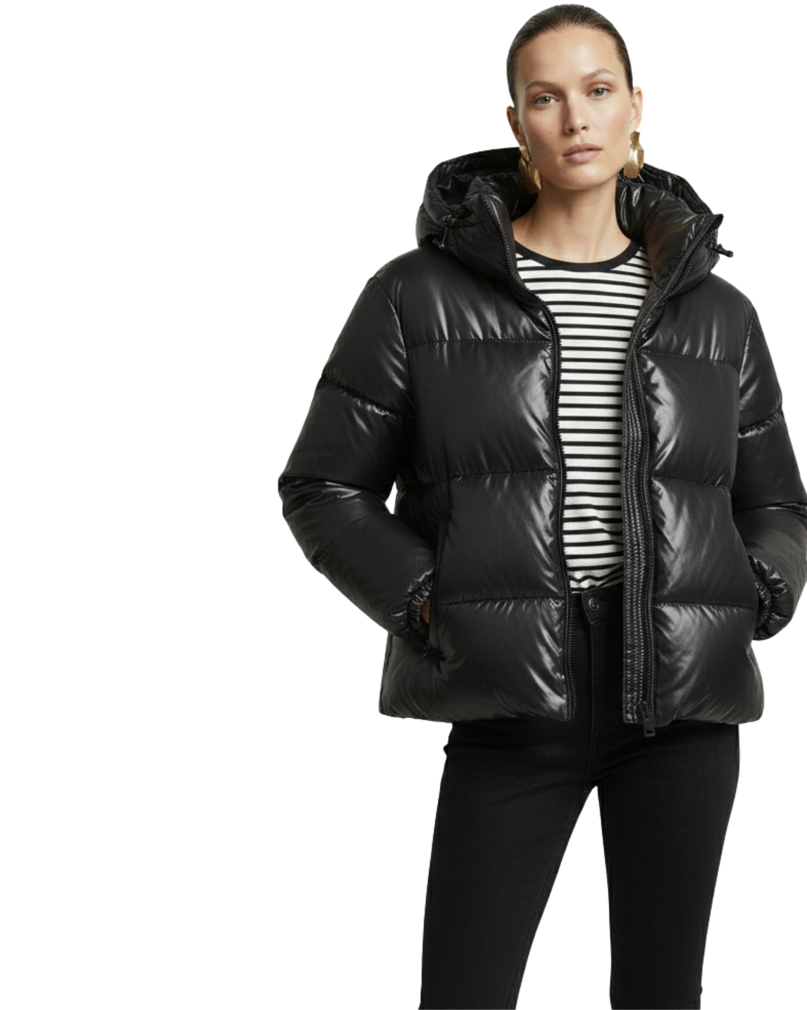 Geacă scurtă, tip Puffer (matlasată), croială oversize (voluminoasă), cu glugă fixă.