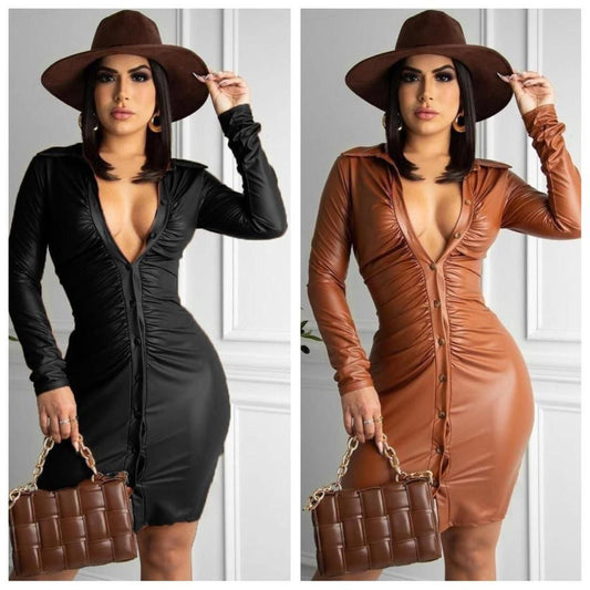 Rochie Inna Mini din Piele Sintetică cu Nasturi Model Mulat