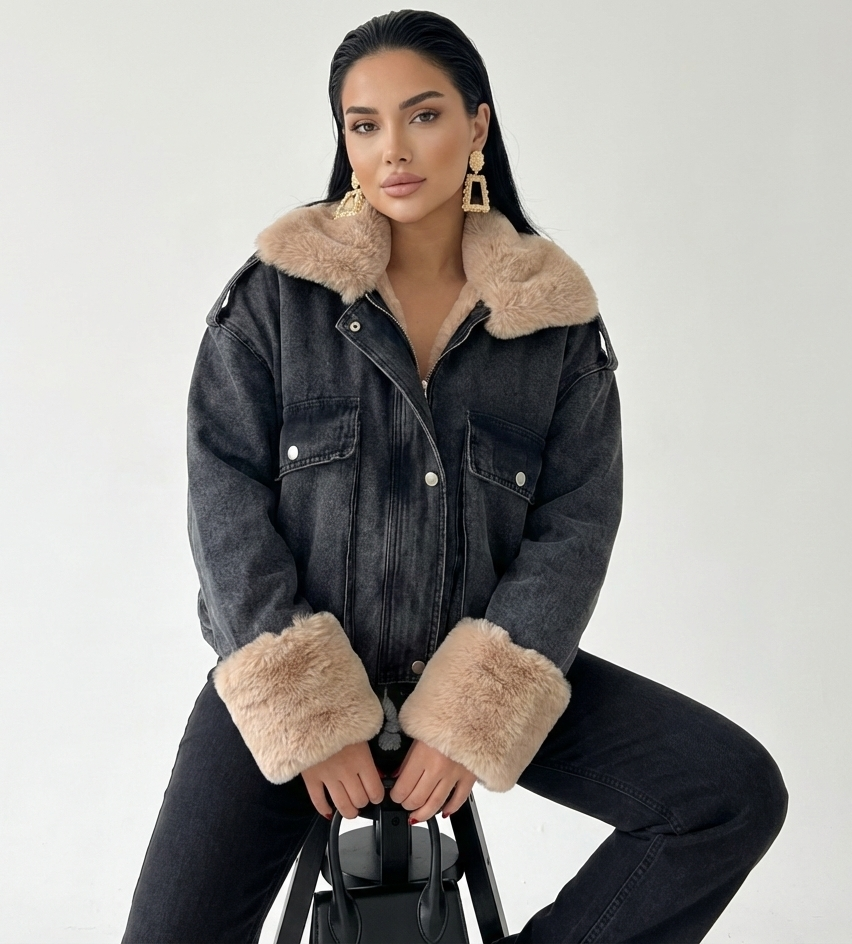 Geaca Haya-Geacă bomber denim negru cu blană albă - MEQUEEN