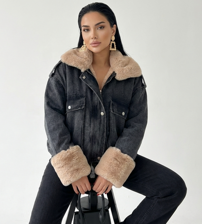 Geaca Haya-Geacă bomber denim negru cu blană albă - MEQUEEN