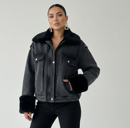 Geaca Haya-Geacă bomber denim negru cu blană albă - MEQUEEN