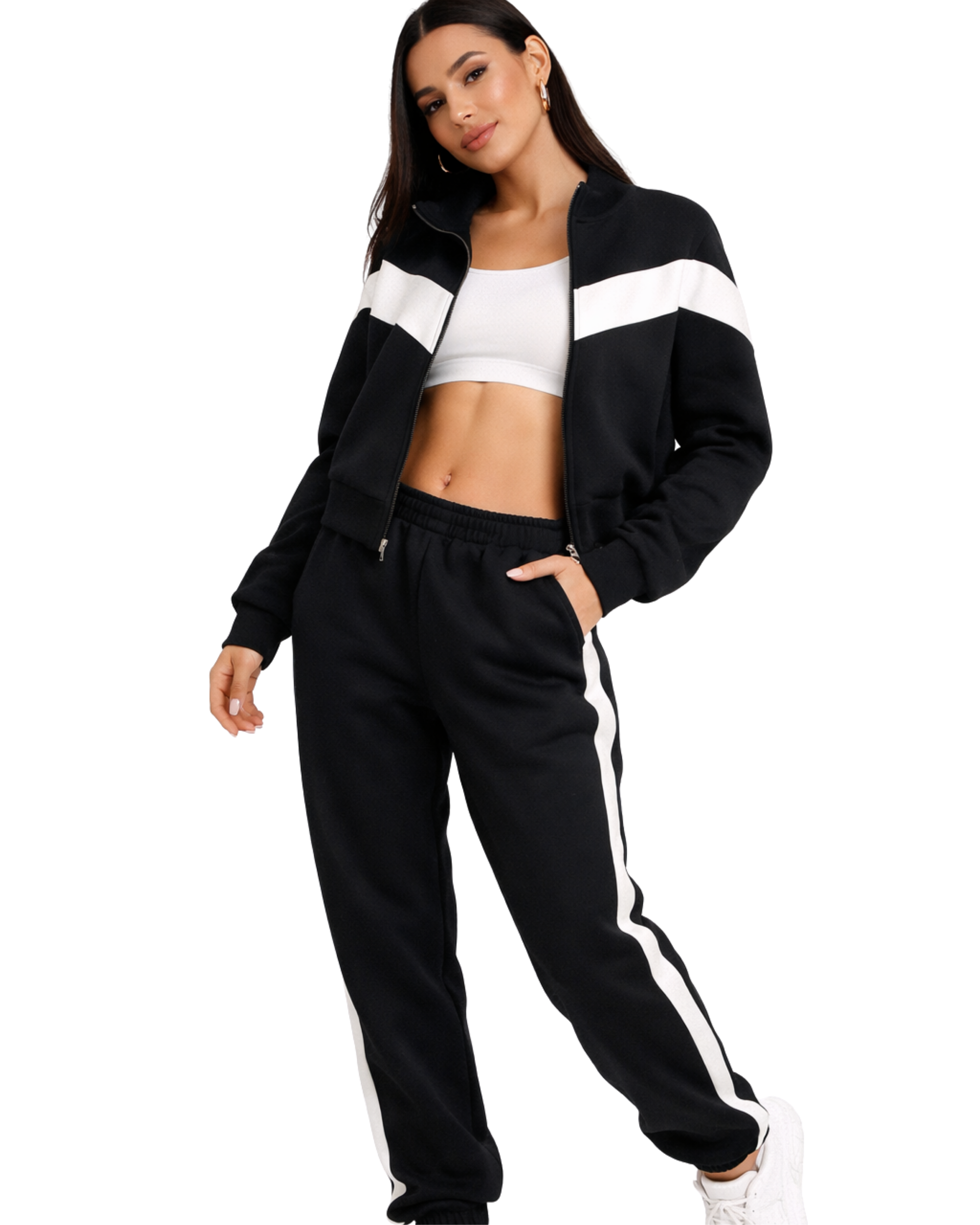 Trening din două piese: Bluză tip zip-up (cu fermoar) și Pantaloni sport tip jogger (cu manșetă elastică la gleznă).