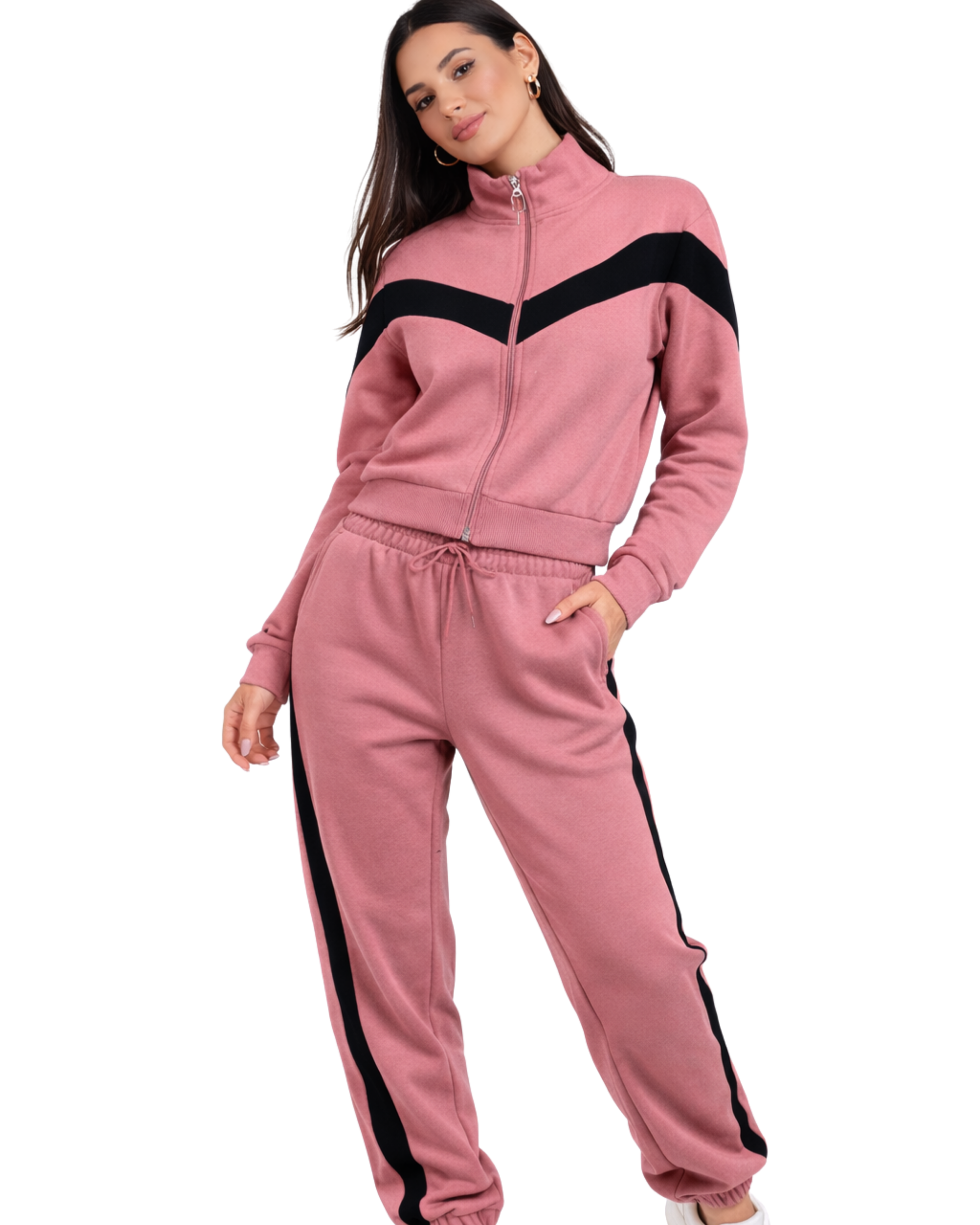 Trening din două piese: Bluză tip zip-up (cu fermoar) și Pantaloni sport tip jogger (cu manșetă elastică la gleznă).