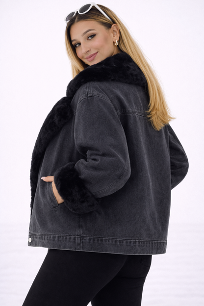 Geacă Denim de Damă cu Blană , Căptușită, Stil Urban Elegant - MEQUEEN