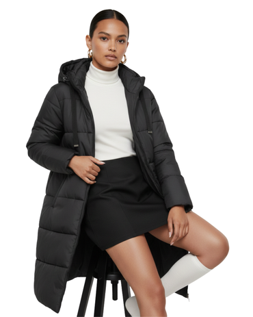 Geacă lungă tip Puffer (matlasată), croială dreaptă/lejeră, cu glugă fixă și lungime până la gambă (midi/maxi)