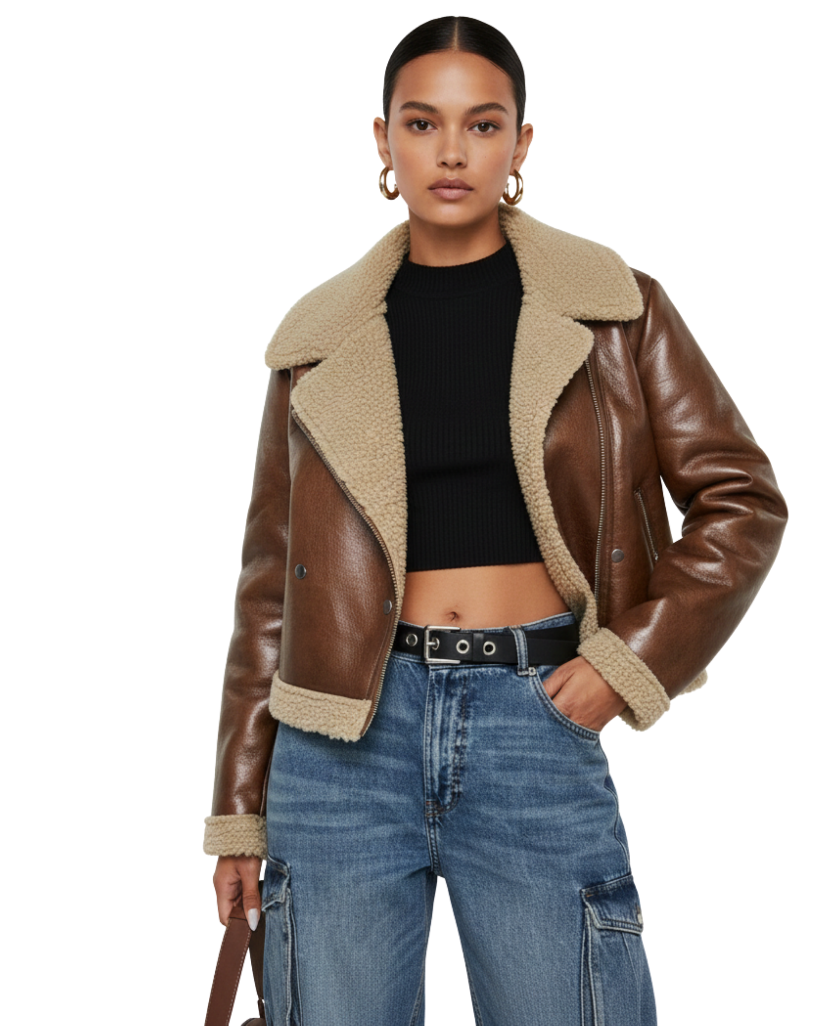 Geacă scurtă, tip Aviator/Biker, cu croială ușor cambrată, ce se încheie pe o parte (tip wrap).