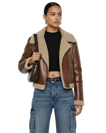 Geacă scurtă, tip Aviator/Biker, cu croială ușor cambrată, ce se încheie pe o parte (tip wrap).