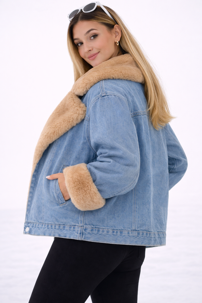 Geacă Denim de Damă cu Blană Căptușită pentru Iarnă - MEQUEEN