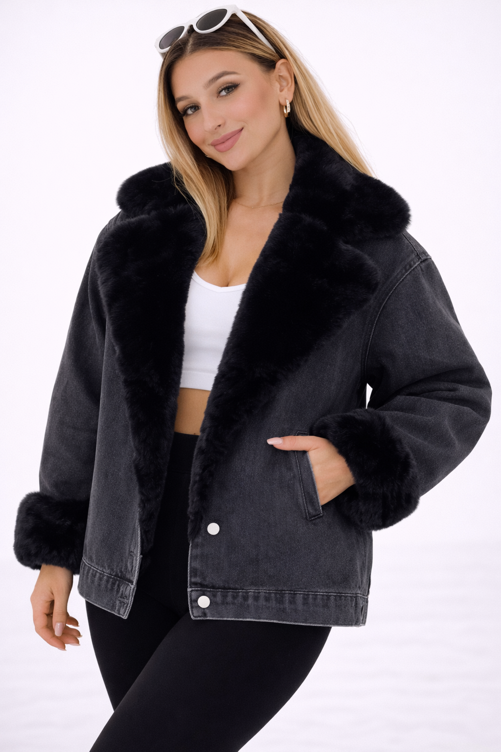 Geacă Denim de Damă cu Blană , Căptușită, Stil Urban Elegant - MEQUEEN