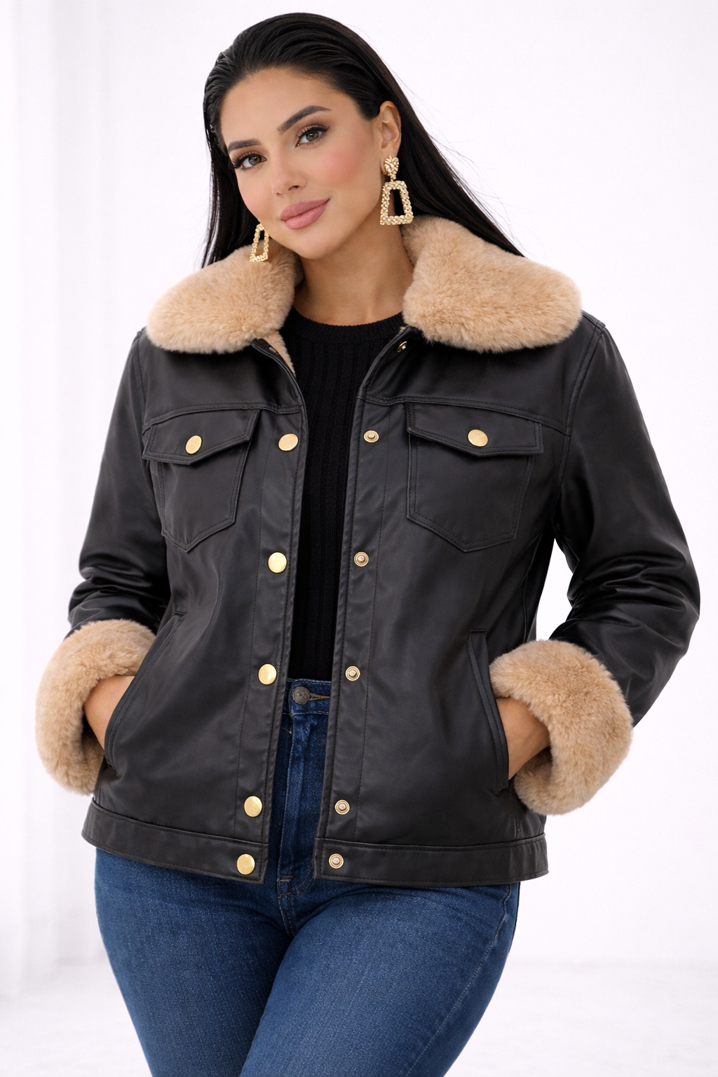 Geacă de Damă din Piele Ecologică cu Guler din Blană , Model Premium de Iarnă - MEQUEEN