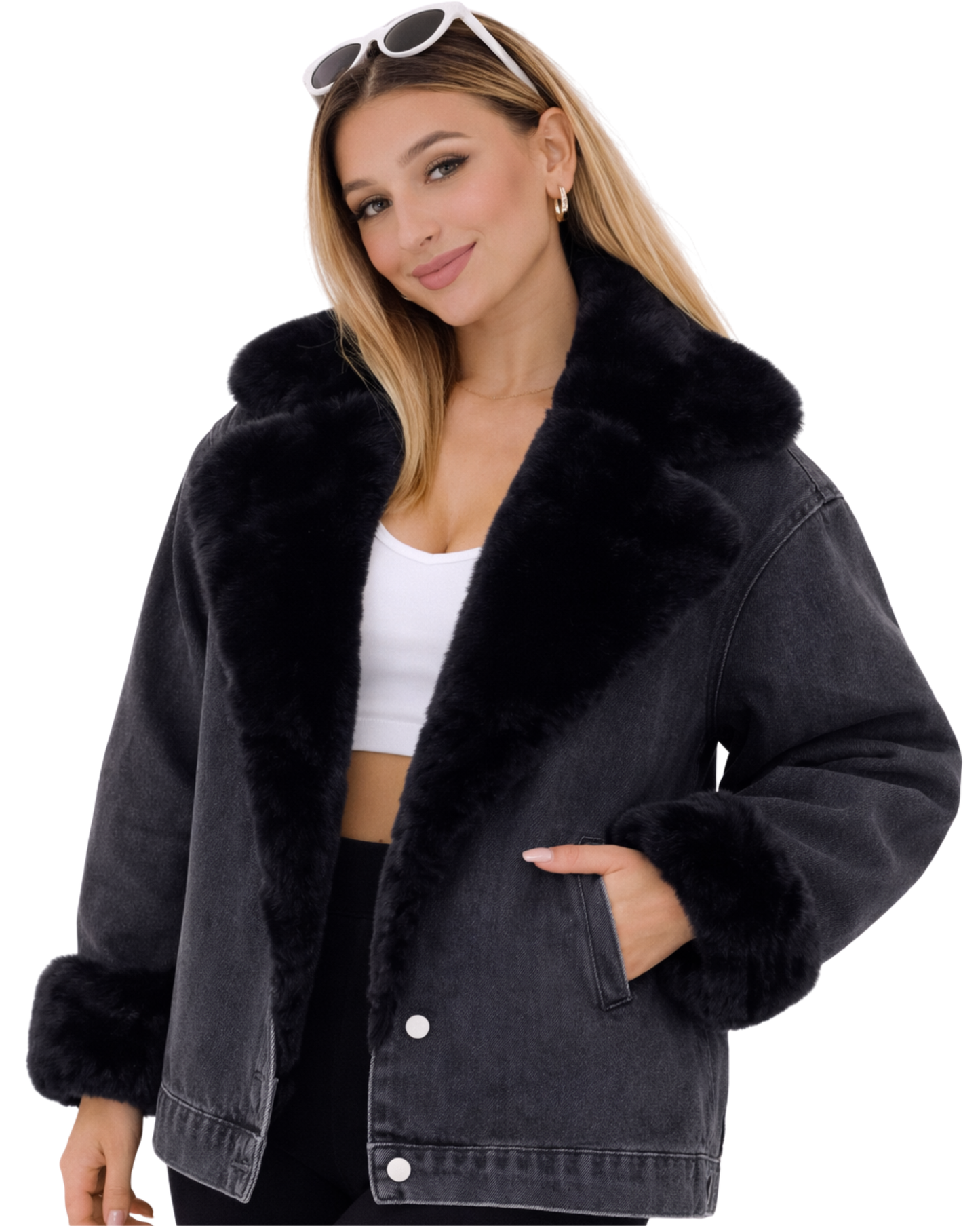 Geacă Denim de Damă cu Blană , Căptușită, Stil Urban Elegant