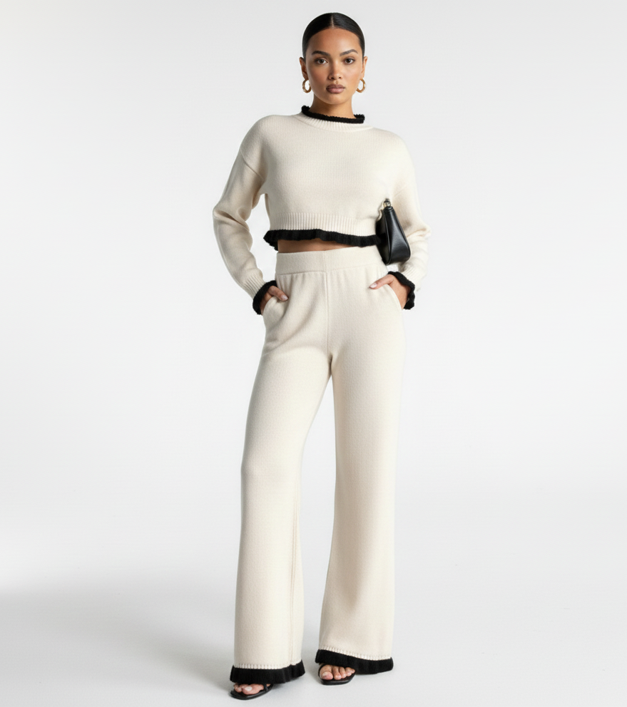 Compleu Shiraz-Set tricotat negru-cu pantaloni largi și detalii croșetate - MEQUEEN