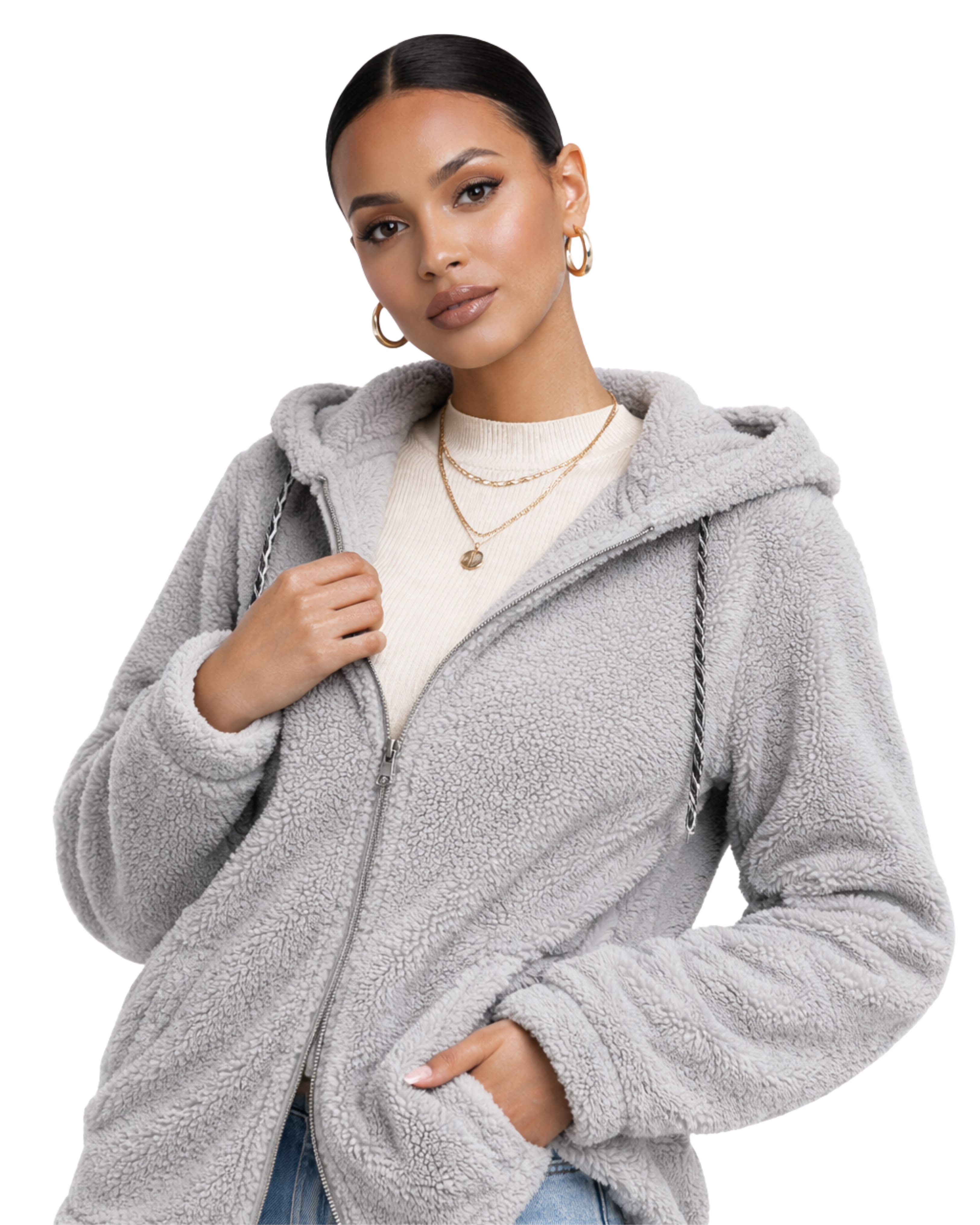 Jachetă cu glugă, croială lejeră (relaxed fit/oversize scurt) și închidere cu fermoar, perfectă pentru un stil urban și confortabil.