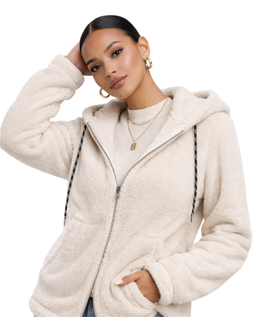 Jachetă cu glugă, croială lejeră (relaxed fit/oversize scurt) și închidere cu fermoar, perfectă pentru un stil urban și confortabil.