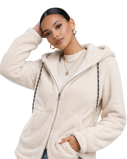 Jachetă cu glugă, croială lejeră (relaxed fit/oversize scurt) și închidere cu fermoar, perfectă pentru un stil urban și confortabil.