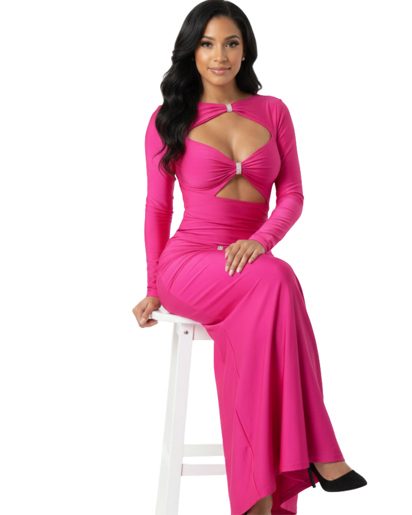  Rochie lungă, tip bodycon (mulată pe corp), cu mâneci lungi și croială tip sirenă/maxi.