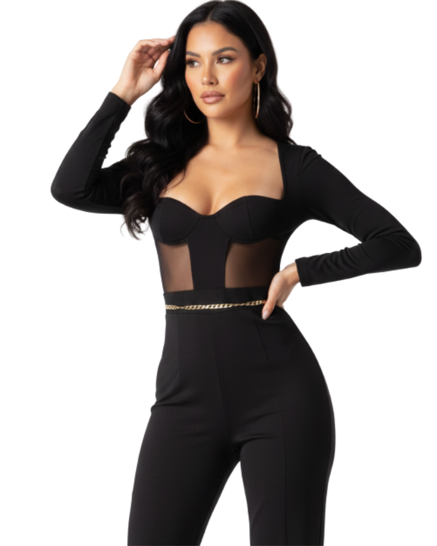 Salopetă lungă, dintr-o singură piesă, cu design tip&nbsp;bodycon&nbsp;(mulat), care combină eleganța unui corset cu croiala modernă a pantalonilor