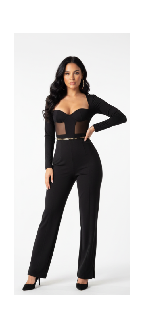 Salopeta Sara-Salopetă neagră cu bust din plasă și pantaloni evazați - MEQUEEN