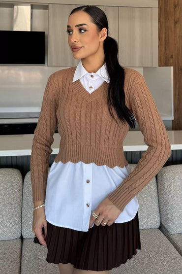 Pulover Ana cu camasa atasata guler in V