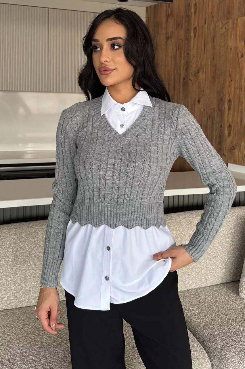 Pulover Ana cu camasa atasata guler in V