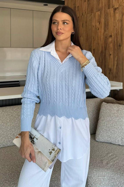 Pulover Ana cu camasa atasata guler in V