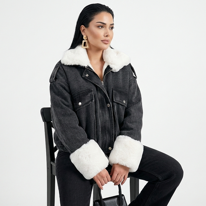 Geaca Haya-Geacă bomber denim negru cu blană albă