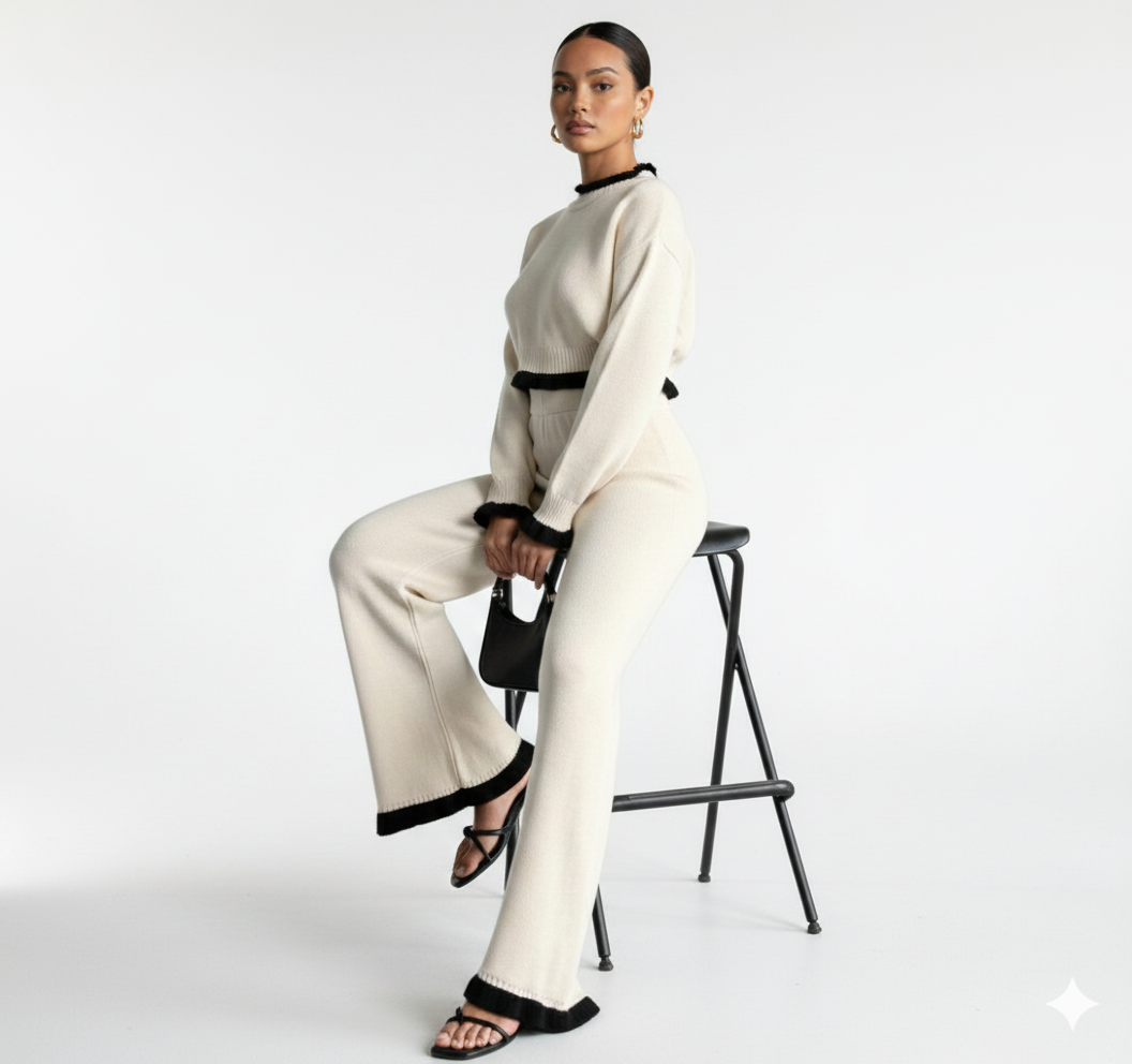 Compleu Shiraz-Set tricotat negru-cu pantaloni largi și detalii croșetate - MEQUEEN