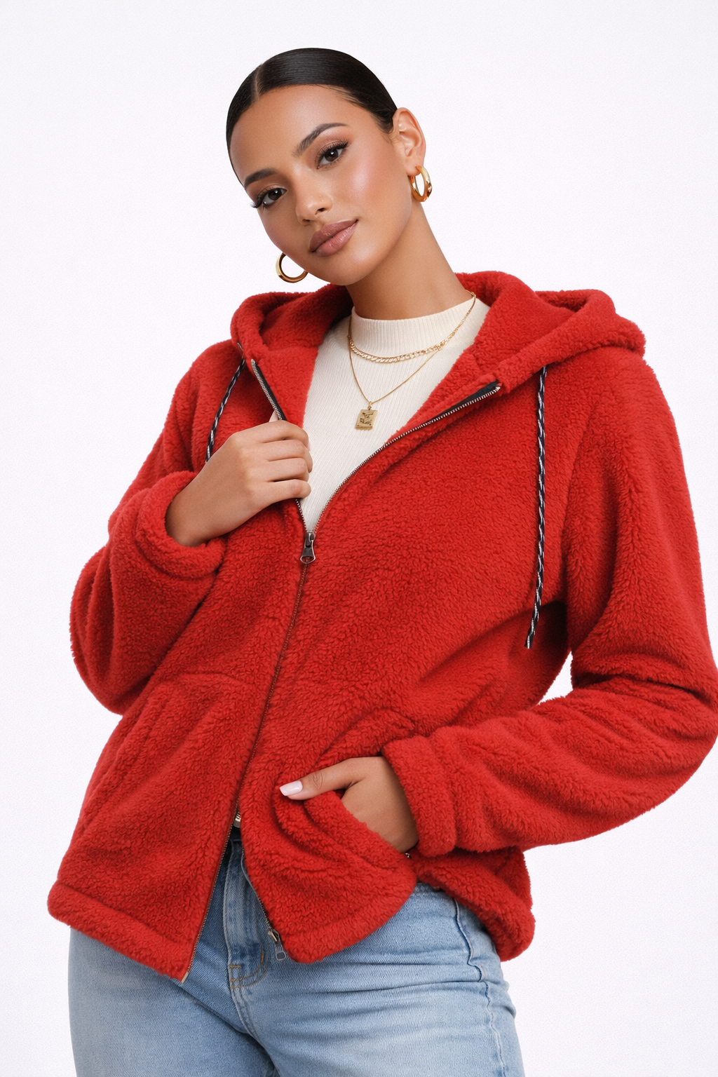 Geaca Aila-Geacă cu glugă-din fleece tip blană-cu fermoar - MEQUEEN