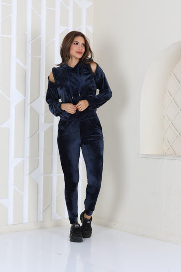 Compleu Rabia-Set de trening din catifea-cu glugă și umeri decupați