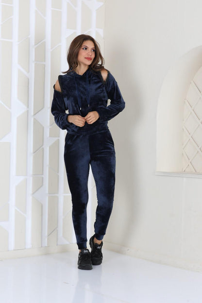 Compleu Rabia-Set de trening din catifea-cu glugă și umeri decupați