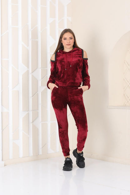 Compleu Rabia-Set de trening din catifea-cu glugă și umeri decupați - MEQUEEN