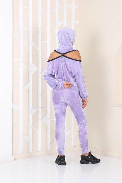 Compleu Rabia-Set de trening din catifea-cu glugă și umeri decupați