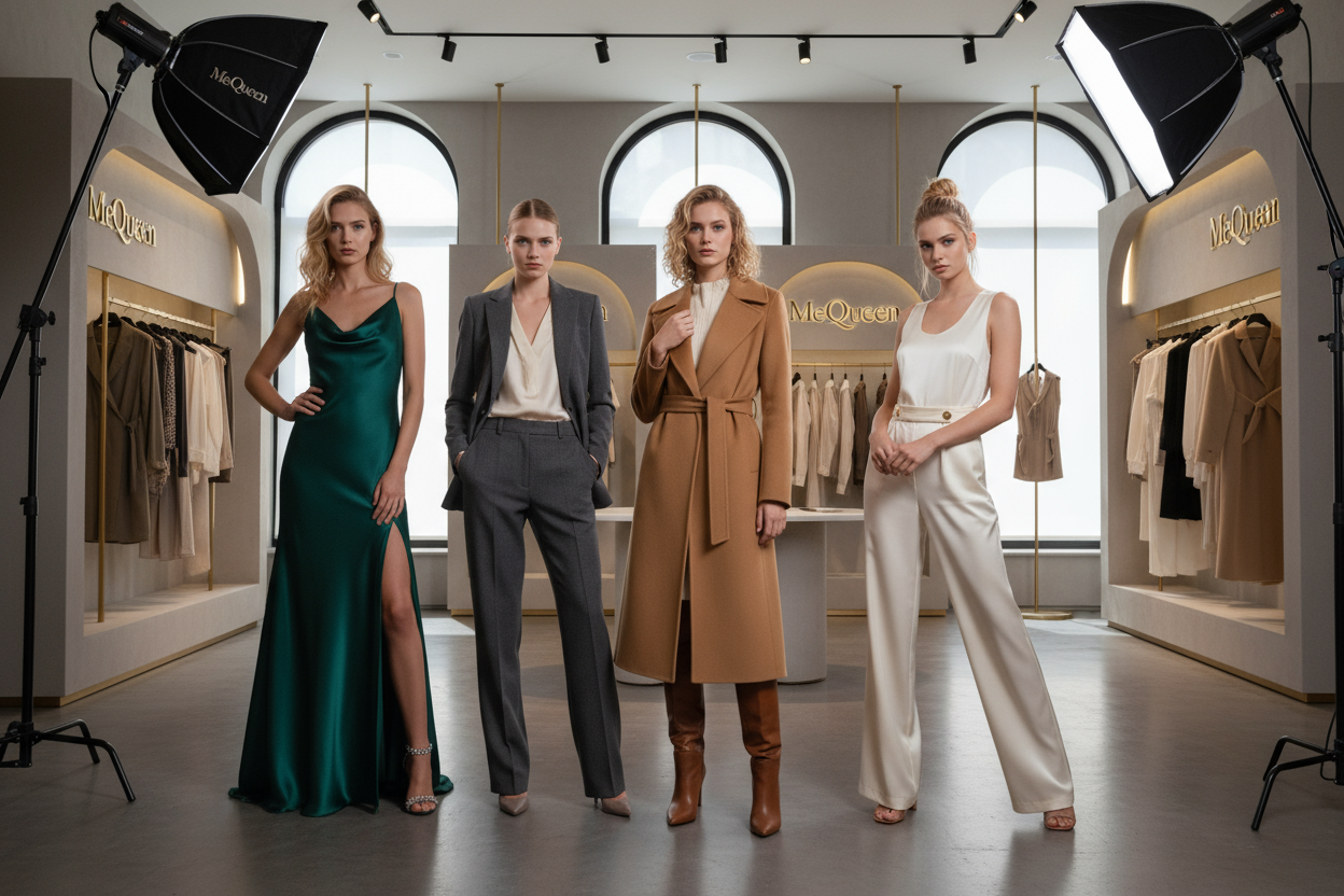 poza cu 4 fete blounde si modele prezinta colectie de haine pentru MeQueen  prima cu rochie eleganta adoua cu costum office elegant a treia cu palton elegant a patra cu salopeta eleganta intru un studio de lux de haine MeQueen 